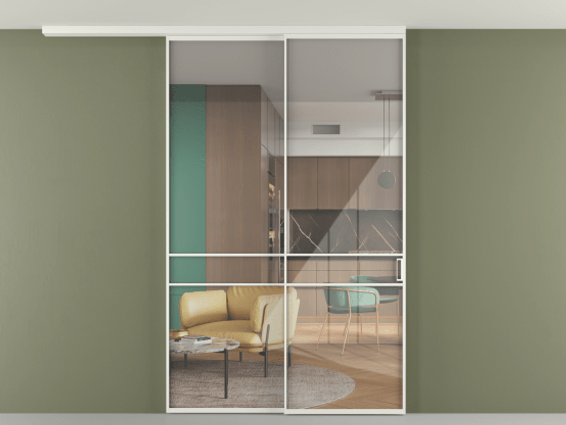 Перегородка Формато вдоль стены на потолок 2 створки с синхронным механизмом АЛПР 040.02 Алюминий светло-серый Рефлективное прозрачное стекло "Стопсол", калёное Цена 2205420 AMD | Volhovec