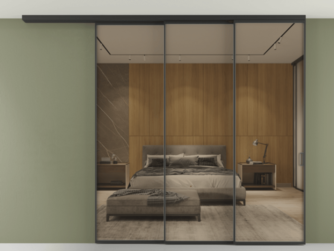 Перегородка Formato вдоль стены на потолок телескопик синхро 3 АЛПР 040.01 Алюминий Черный Рефлективное бронзовое стекло "Stopsol", калёное Цена 2751890 AMD | Volhovec