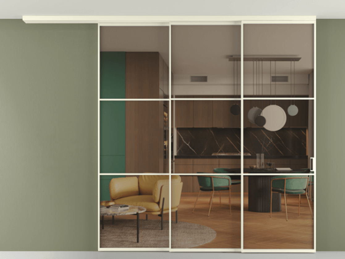 Перегородка Формато вдоль стены на потолок 3 створки с синхронным механизмом АЛПР 040.03 Алюминий молочно-белый Прозрачное бронзовое стекло, триплекс Цена 649270 сом | Volhovec