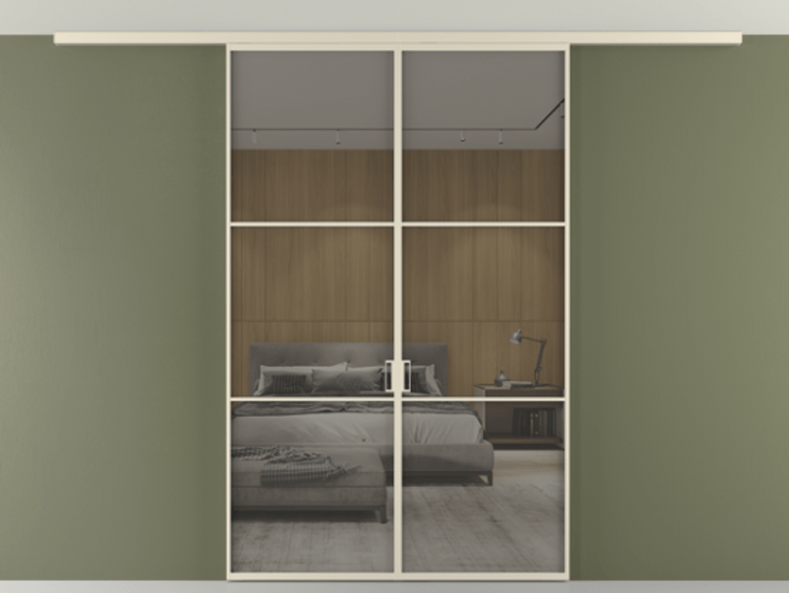 Перегородка Формато вдоль стены на потолок 2 створки АЛПР 040.03 Алюминий бежево-серый Рефлективное серое стекло "Стопсол", калёное Цена 1645000 AMD | Volhovec