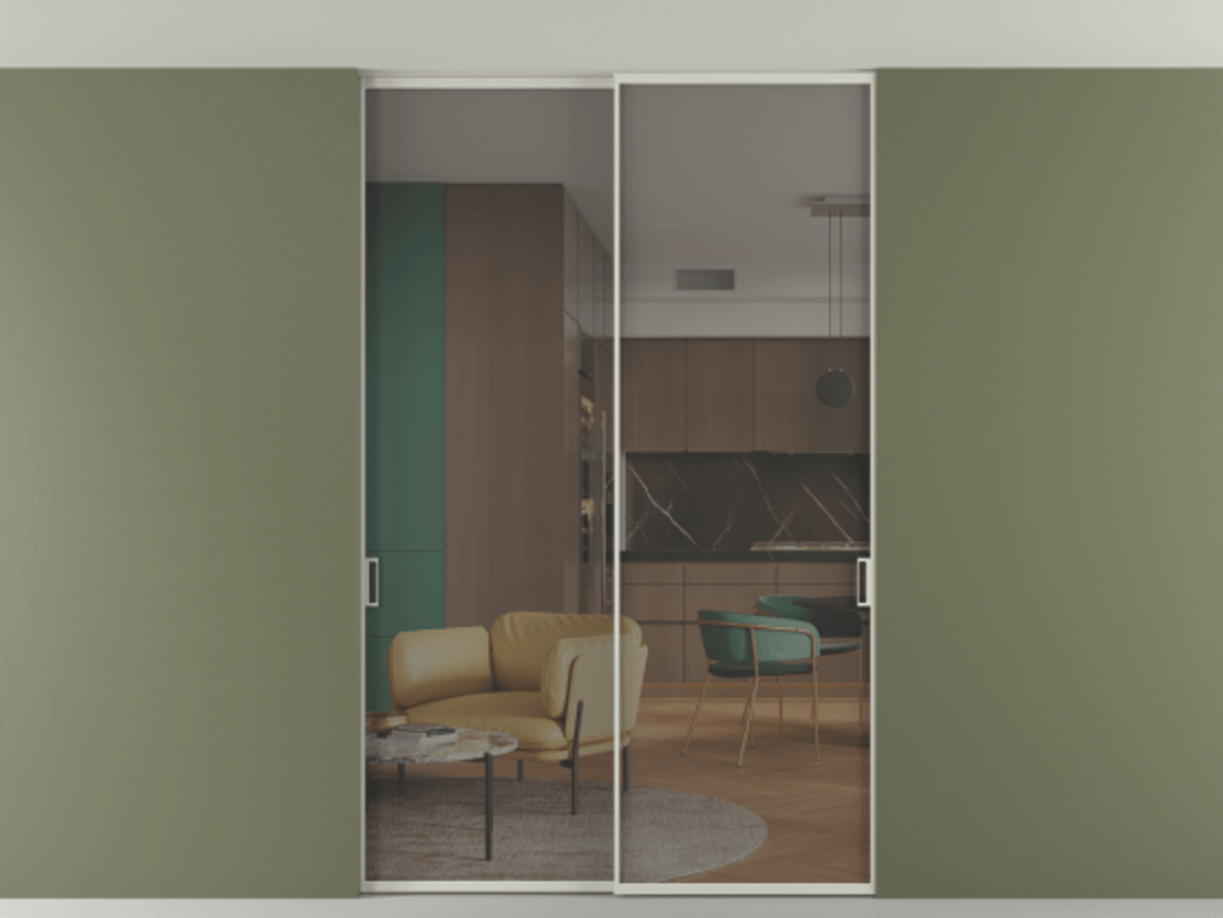 Перегородка Formato внутри проёма скрытое крепление в потолок 2 створки АЛПР 040.01 Алюминий тёплый серый Прозрачное серое стекло, триплекс Цена 1613870 AMD | Volhovec