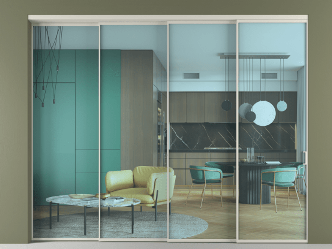 Перегородка Формато внутри проёма 4 створки с синхронным механизмом АЛПР 040.01 Алюминий тёплый серый Прозрачное голубое стекло, триплекс Цена 2916800 AMD | Volhovec