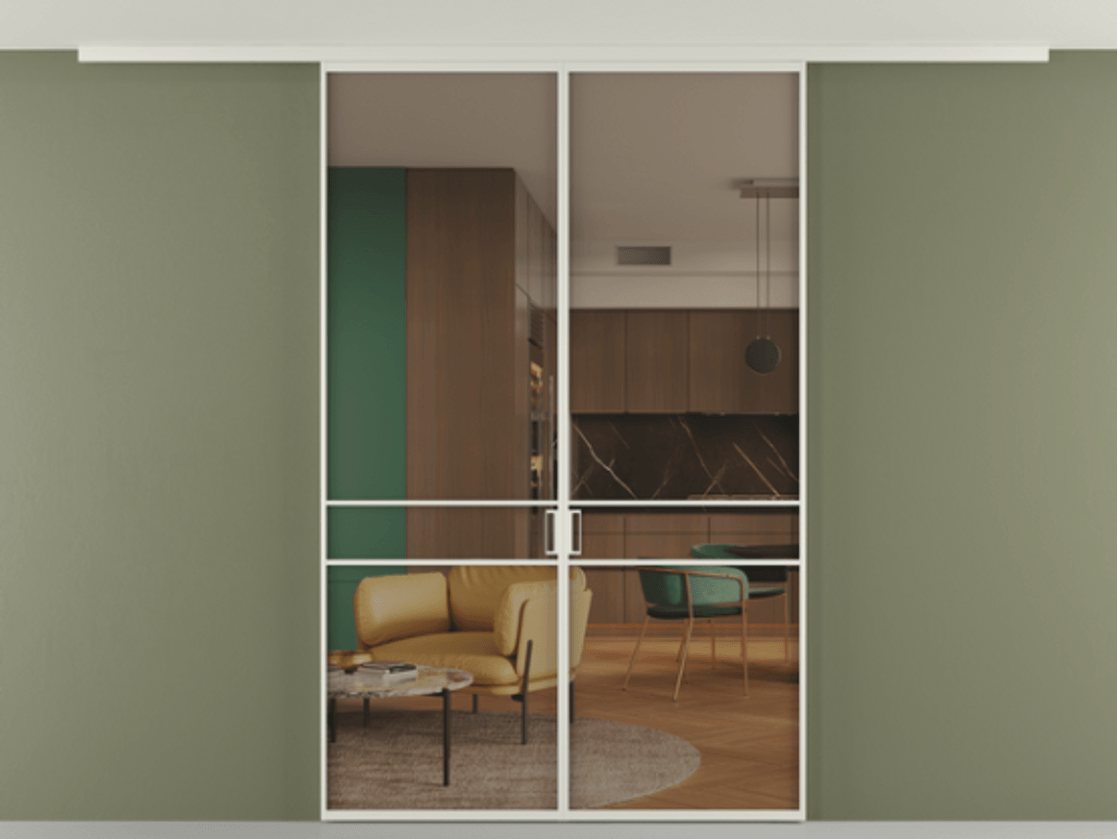 Перегородка Formato вдоль стены на потолок двустворчатая АЛПР 040.02 Алюминий Белый Прозрачное бронзовое стекло, триплекс, 6 мм. Скрытый короб БЕЛ Цена 1191150 AMD 1. Полотно 2 шт.  (800/2100 мм)
2. Комплект установки раздвижной системы
3. Базовый комплект фурнитуры
4.Ручка RONDO
. Фабрика дверей Волховец 8 (800) 551 43 19  Перегородка Formato вдоль стены на потолок двустворчатая АЛПР 040.02 Алюминий Белый Прозрачное бронзовое стекло, триплекс, 6 мм Цена 1191150 AMD | Volhovec