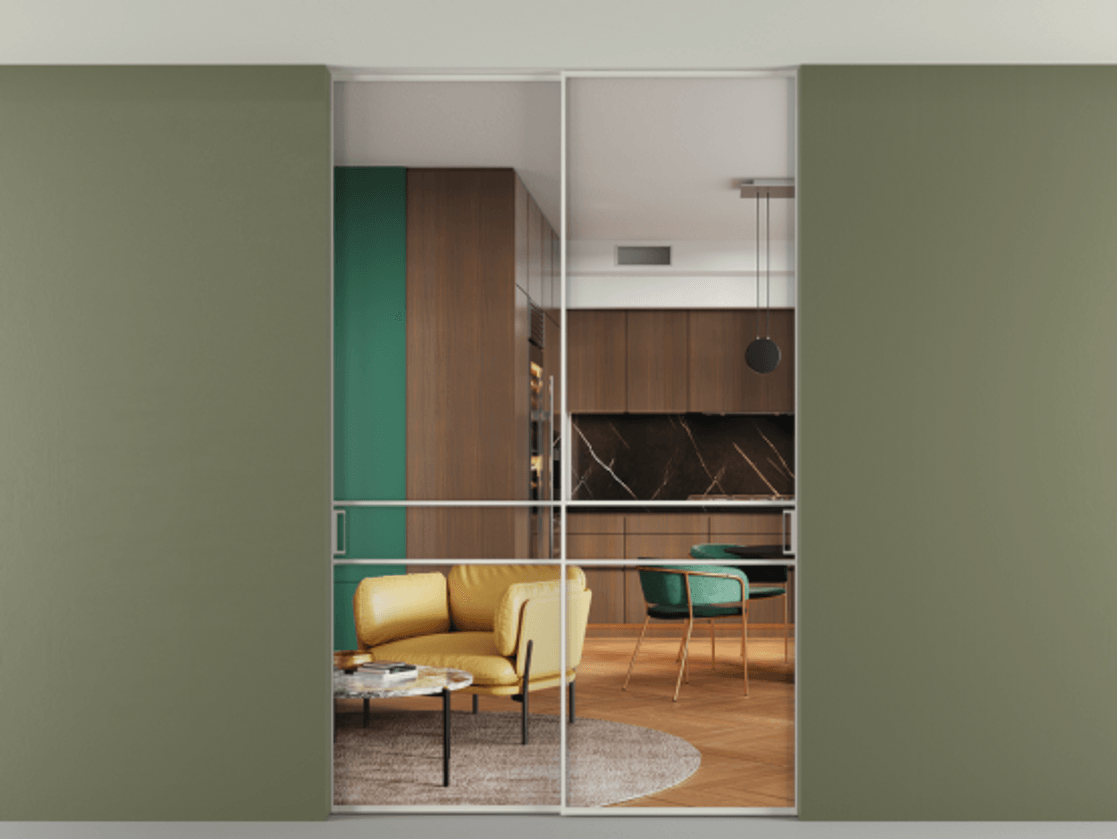 Перегородка Formato внутри проёма двустворчатая со скрытым креплением в потолок АЛПР 040.02 Алюминий Белый Прозрачное стекло "Crystal Vision", калёное Цена 297600 ₽ | Volhovec