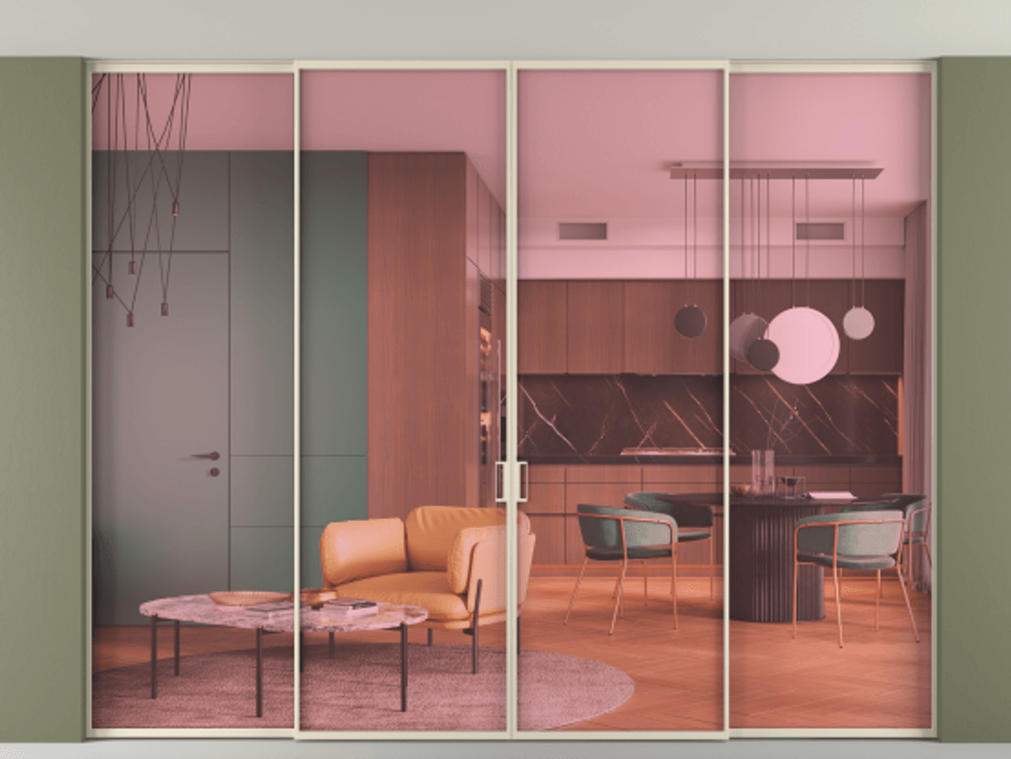 Перегородка Formato внутри проёма скрытое крепление в потолок 4 створки АЛПР 040.01 Алюминий бежево-серый Прозрачное розовое стекло, триплекс Цена 3367800 AMD | Volhovec