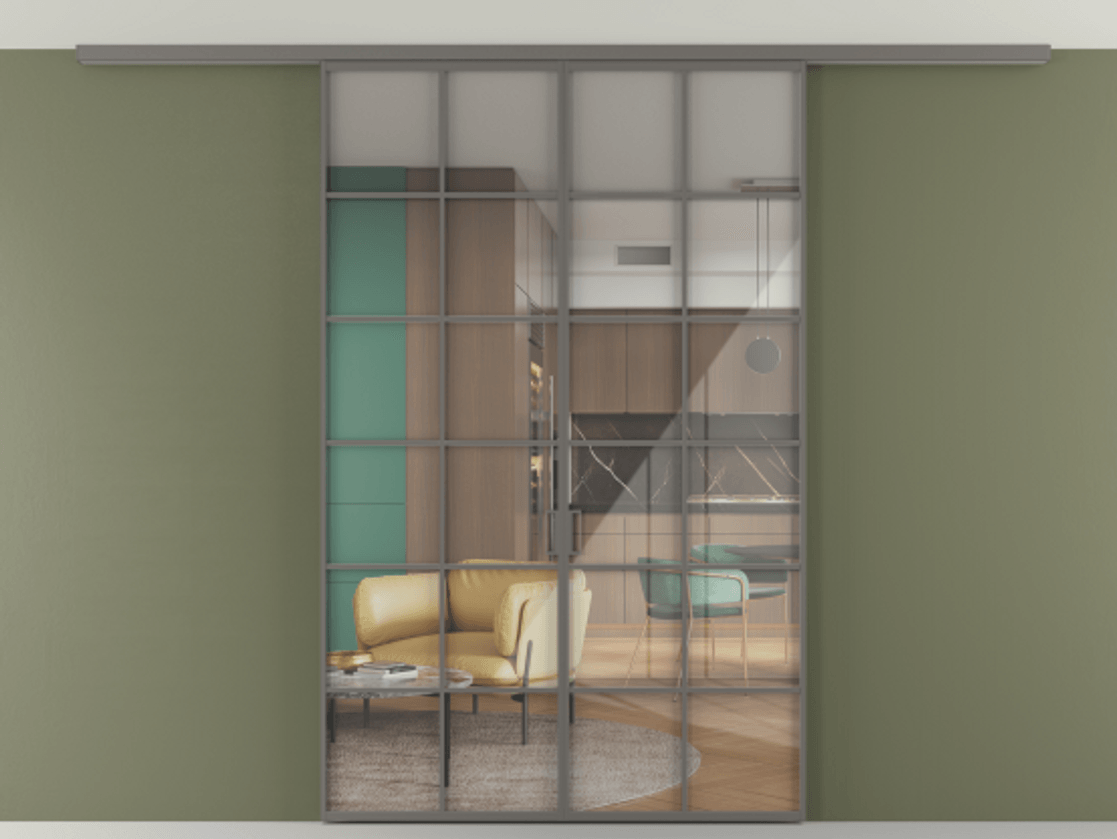 Перегородка Формато вдоль стены на потолок 2 створки АЛПР 040.05 Алюминий классический серый Рефлективное прозрачное стекло "Стопсол", калёное Цена 1493150 AMD | Volhovec