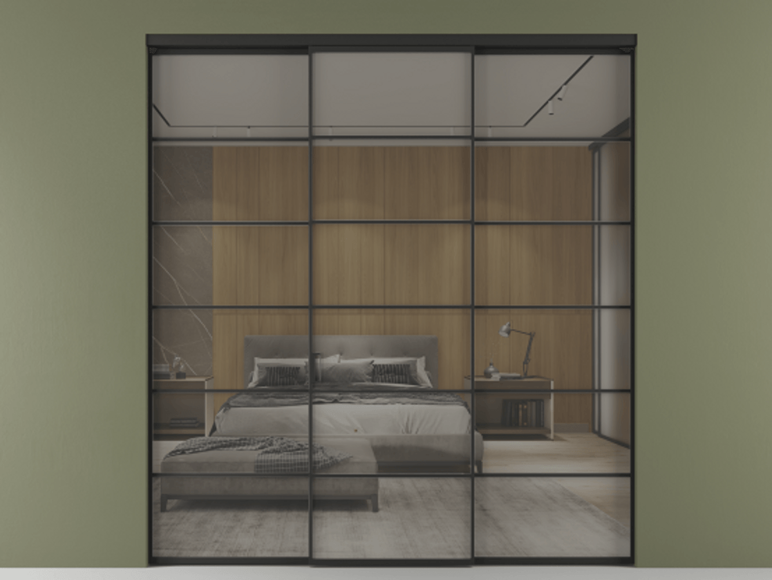 Перегородка Formato внутри проёма 3 створки АЛПР 040.04 Алюминий Черный Рефлективное серое стекло "Stopsol", калёное Цена 2210680 AMD | Volhovec