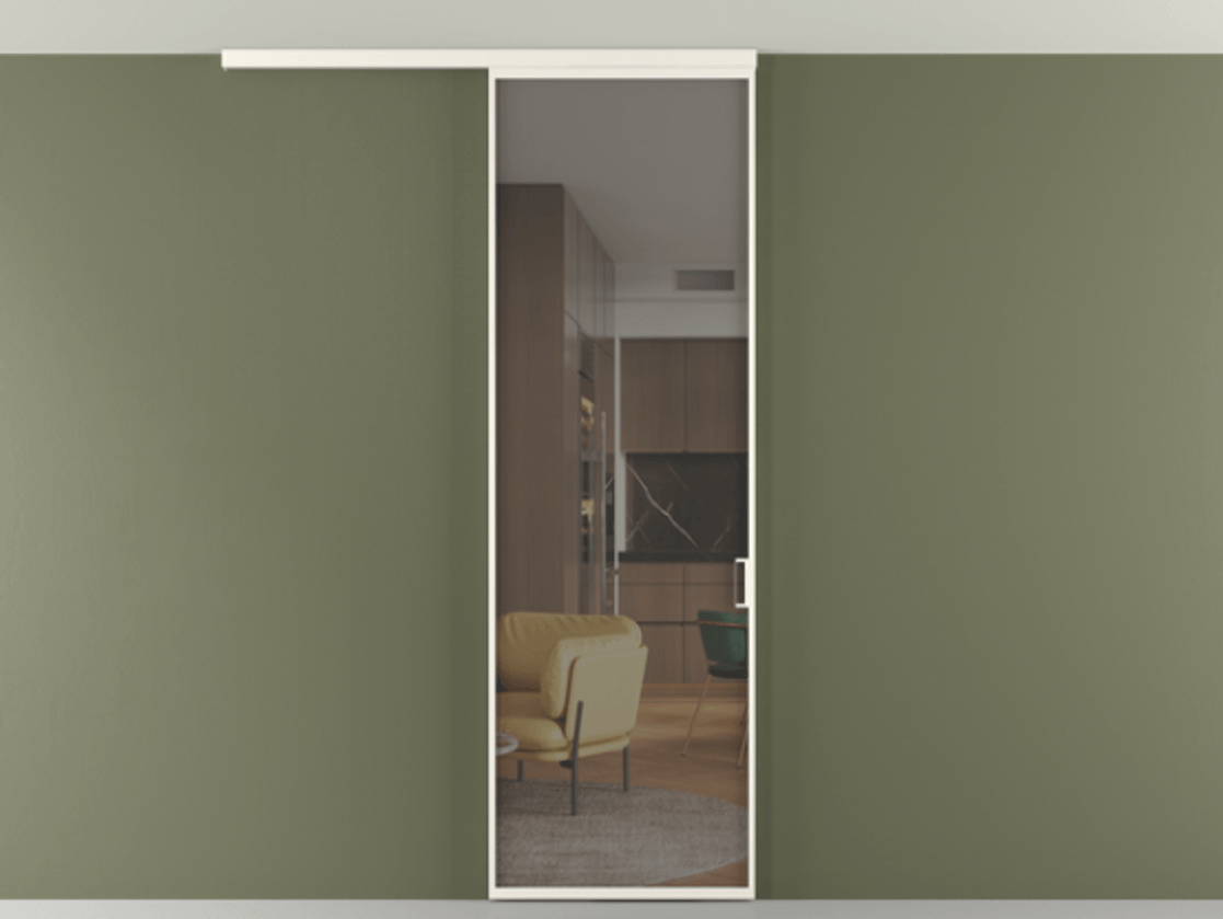 Перегородка Формато вдоль стены на потолок 1 створка АЛПР 040.01 Алюминий пудровый белый Прозрачное серое стекло, триплекс Цена 623170 AMD | Volhovec