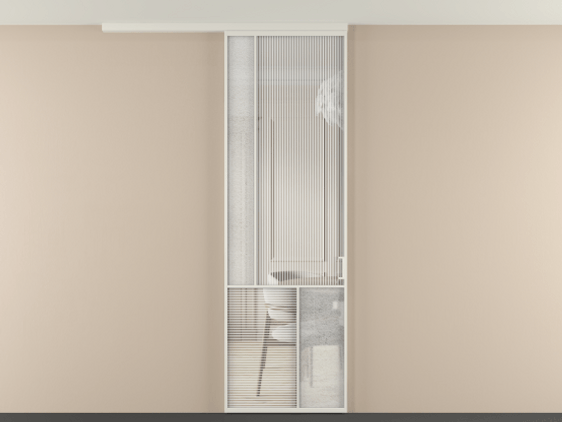 Перегородка Мозаик вдоль стены на потолок 1 створка АЛПР 041.20 Алюминий Белый Рифлёное стекло "Дюна", триплекс, 6 мм + Фактурное стекло "Лёд", триплекс Цена 927700 AMD | Volhovec