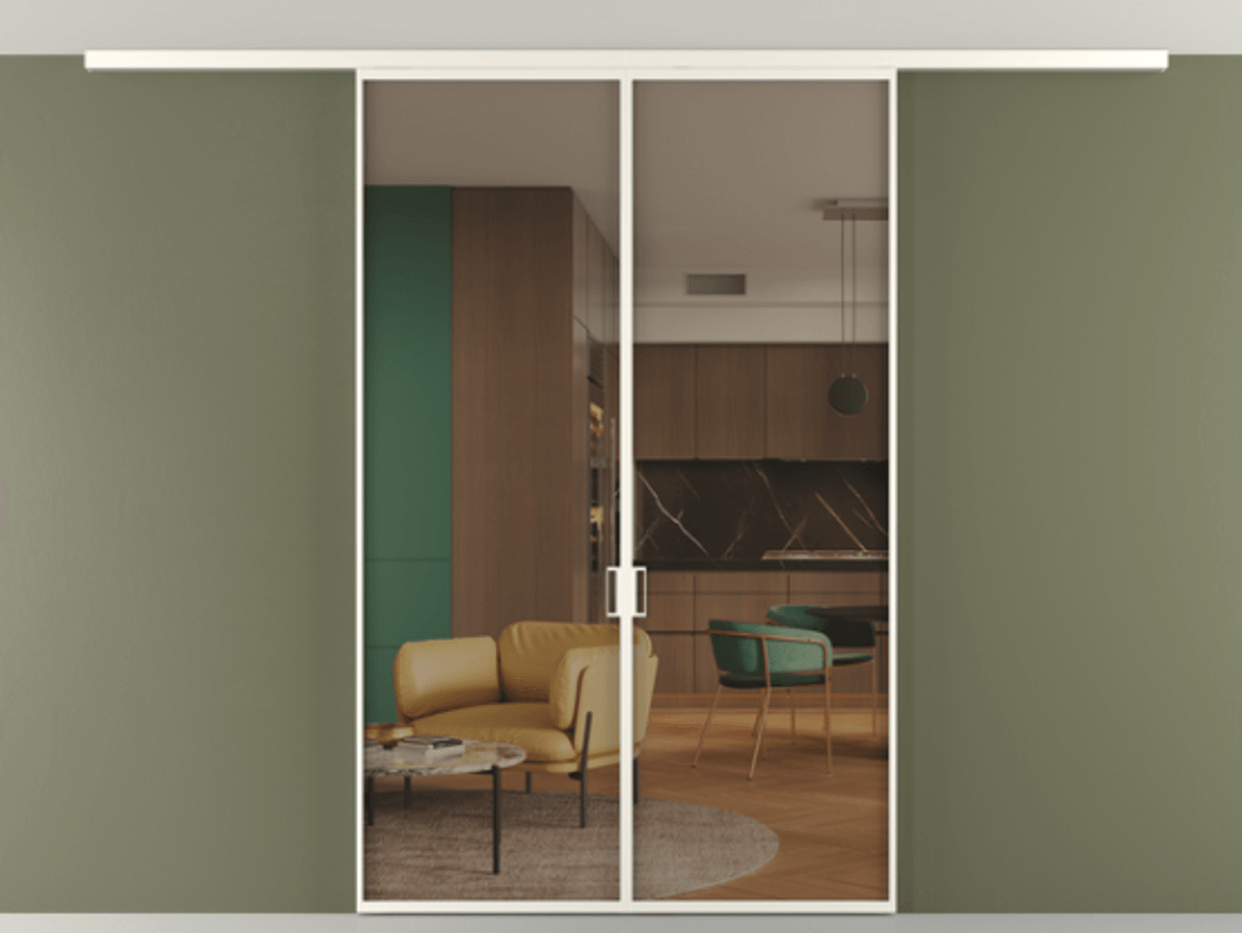 Перегородка Формато вдоль стены на потолок 2 створки АЛПР 040.01 Алюминий пудровый белый Прозрачное бронзовое стекло, триплекс Цена 1456970 AMD | Volhovec