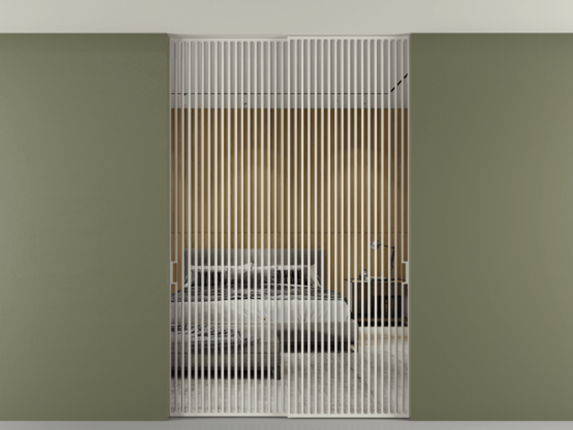 Перегородка Formato внутри проёма двустворчатая со скрытым креплением в потолок АЛПР 040.06 Алюминий Белый Двустороннее зеркало, триплекс 6 мм, триплекс 6 мм Цена 3095360 AMD | Volhovec