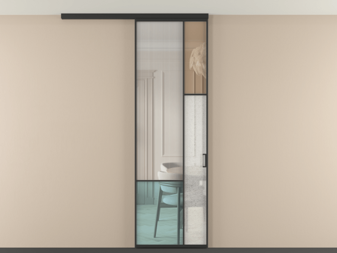 Перегородка Mosaic вдоль стены на потолок 1 створка АЛПР 041.12 Алюминий Черный Комбинация стекол Группы 1 и Группы 3 Цена 914200 AMD | Volhovec