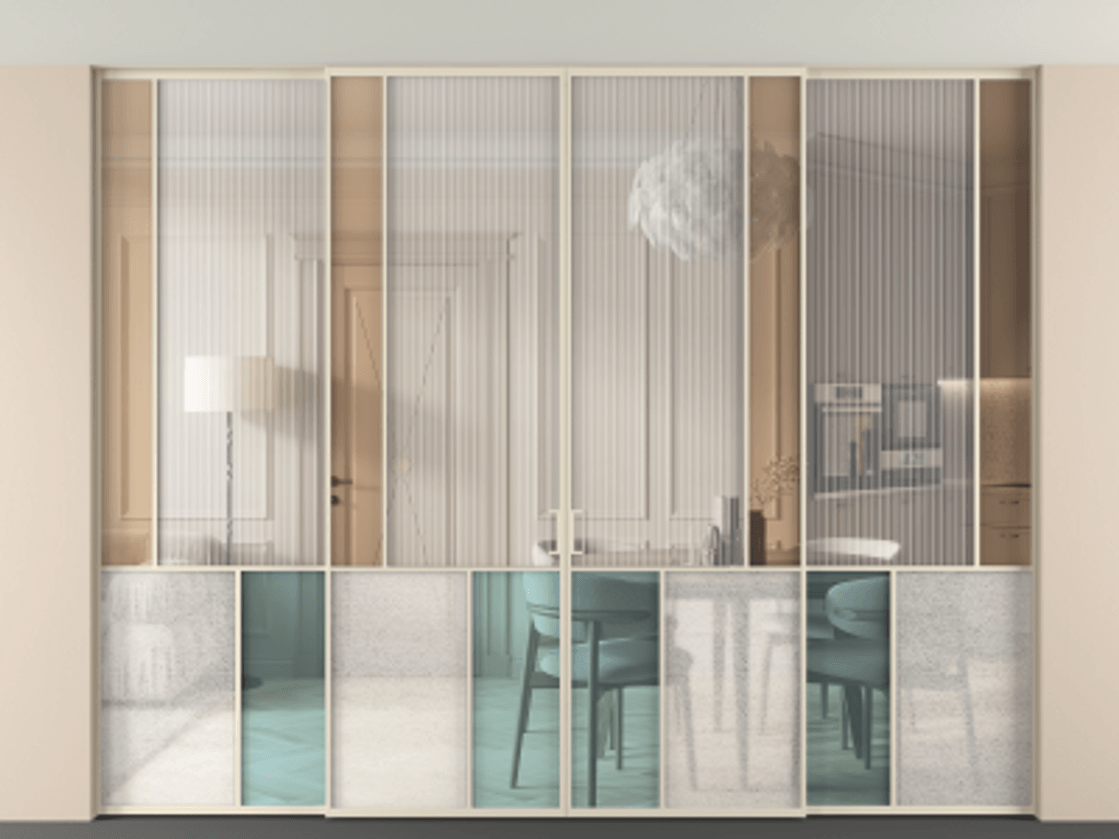 Перегородка Mosaic внутри проёма скрытое крепление в потолок 4 створки АЛПР 041.21 Алюминий бежево-серый Комбинация стекол Группы 1 и Группы 3 Цена 4162800 AMD | Volhovec