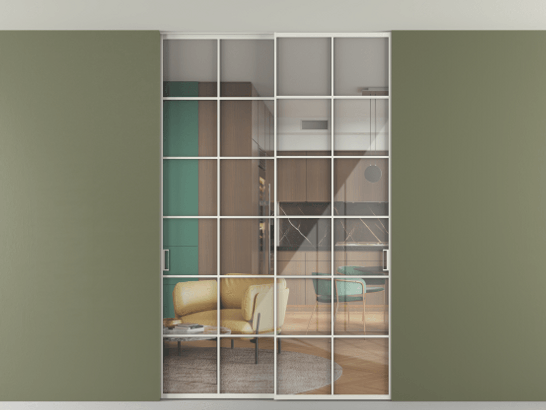 Перегородка Formato внутри проёма скрытое крепление в потолок 2 створки АЛПР 040.05 Алюминий серый Рефлективное прозрачное стекло "Stopsol", калёное Цена 2176150 AMD | Volhovec