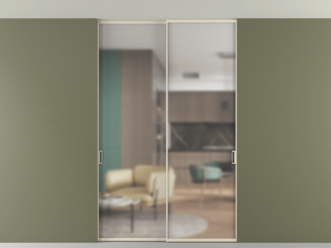 Перегородка Формато внутри проёма скрытое крепление в потолок 2 створки АЛПР 040.01 Алюминий бежево-серый Сатинированное стекло "Мателюкс Кристал Вижн", калёное, матовое, каленое 6 мм Цена 1980310 AMD | Volhovec