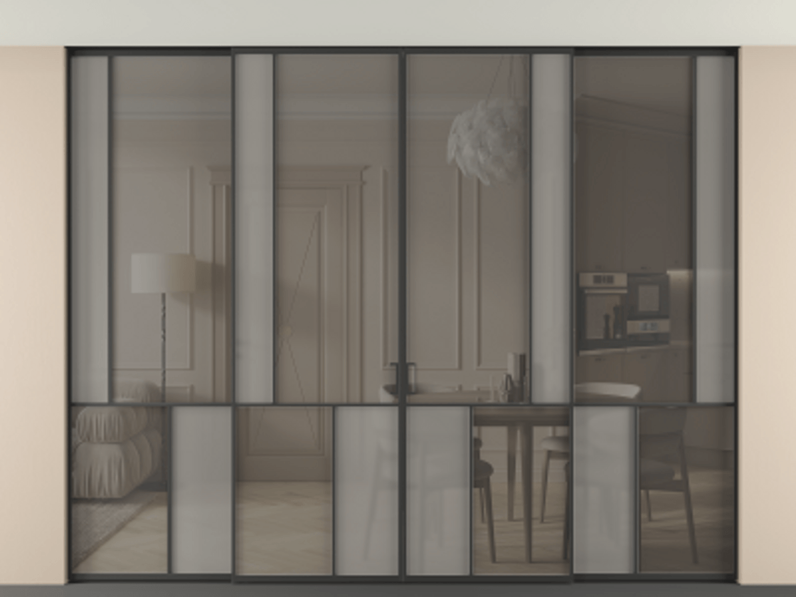 Перегородка Mosaic внутри проёма скрытое крепление в потолок 4 створки АЛПР 041.21 Алюминий Черный Сатинированное серое стекло, триплекс, 6 мм + Прозрачное серое стекло, триплекс. Скрытый короб ЧЕР Цена 3872000 AMD . Фабрика дверей Волховец 8 (800) 551 43 19 Перегородка Mosaic внутри проёма скрытое крепление в потолок 4 створки АЛПР 041.21 Алюминий Черный Сатинированное серое стекло, триплекс, 6 мм + Прозрачное серое стекло, триплекс Цена 3872000 AMD | Volhovec