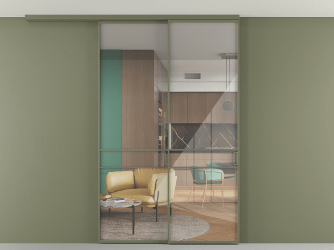 Перегородка Формато вдоль стены на потолок 2 створки с синхронным механизмом АЛПР 040.02 Алюминий оливковый тёмный Рефлективное прозрачное стекло "Стопсол", калёное. Цена 1960990 AMD 1. Полотно 2 шт. (800/2100 мм)
2. Комплект установки раздвижной системы
3. Базовый комплект фурнитуры
4.Ручка Рондо. Фабрика дверей Волховец 8 (800) 551 43 19 Перегородка Формато вдоль стены на потолок 2 створки с синхронным механизмом АЛПР 040.02 Алюминий оливковый тёмный Рефлективное прозрачное стекло "Стопсол", калёное Цена 1960990 AMD | Volhovec