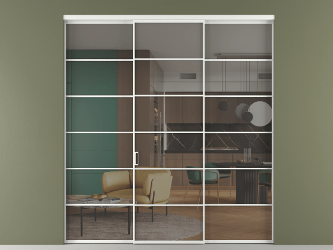 Перегородка Formato внутри проёма 3 створки АЛПР 040.04 Алюминий белоснежный Прозрачное серое стекло, триплекс Цена 1718540 AMD | Volhovec