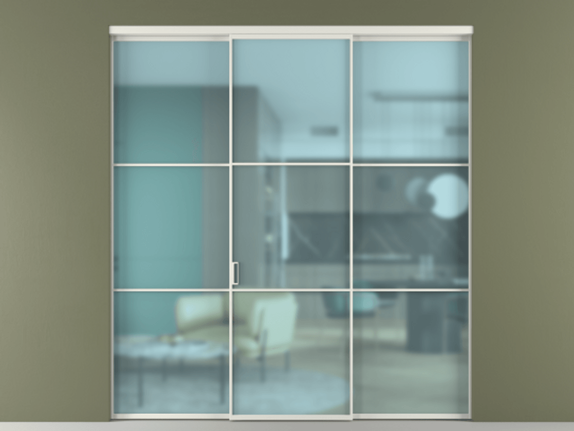 Перегородка Формато внутри проёма 3 створки АЛПР 040.03 Алюминий серый Сатинированное голубое стекло, триплекс Цена 284730 ₽ | Volhovec