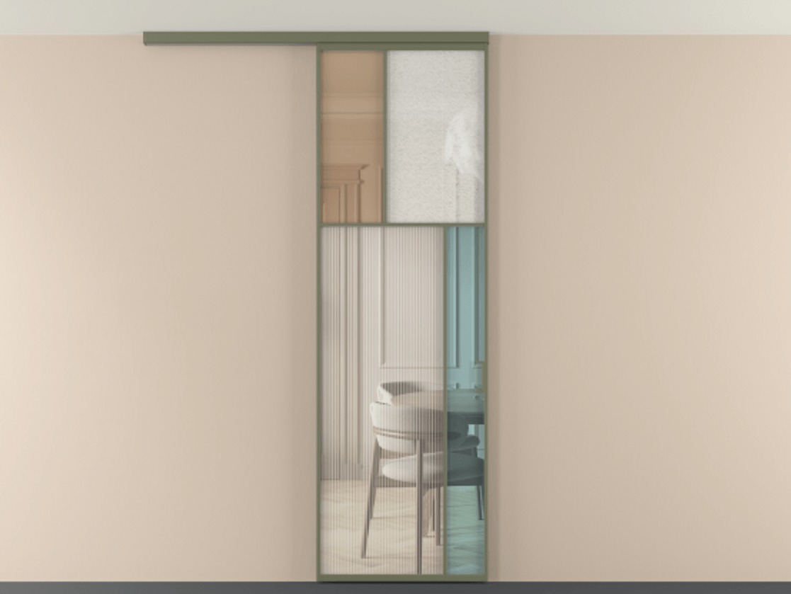 Перегородка Mosaic вдоль стены на потолок 1 створка АЛПР 041.23 Алюминий оливковый тёмный Комбинация стекол Группы 1 и Группы 3 Цена 951200 AMD | Volhovec