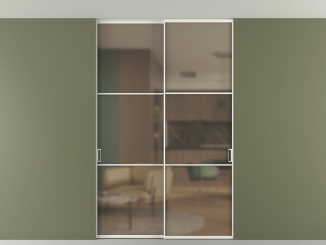 Перегородка Formato внутри проёма скрытое крепление в потолок 2 створки АЛПР 040.03 Алюминий светло-серый Сатинированное бронзовое стекло, триплекс Цена 1673960 AMD | Volhovec