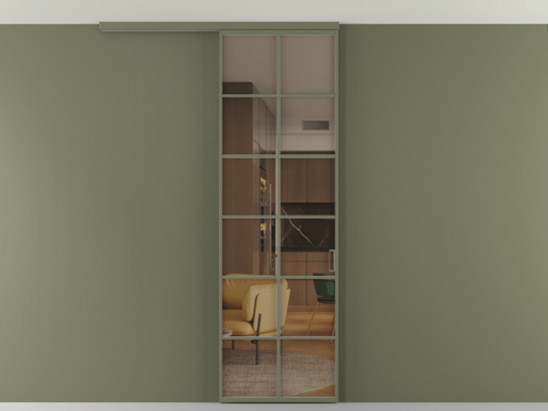 Перегородка Формато вдоль стены на потолок 1 створка АЛПР 040.05 Алюминий оливковый тёмный Прозрачное бронзовое стекло, триплекс Цена 727350 AMD | Volhovec