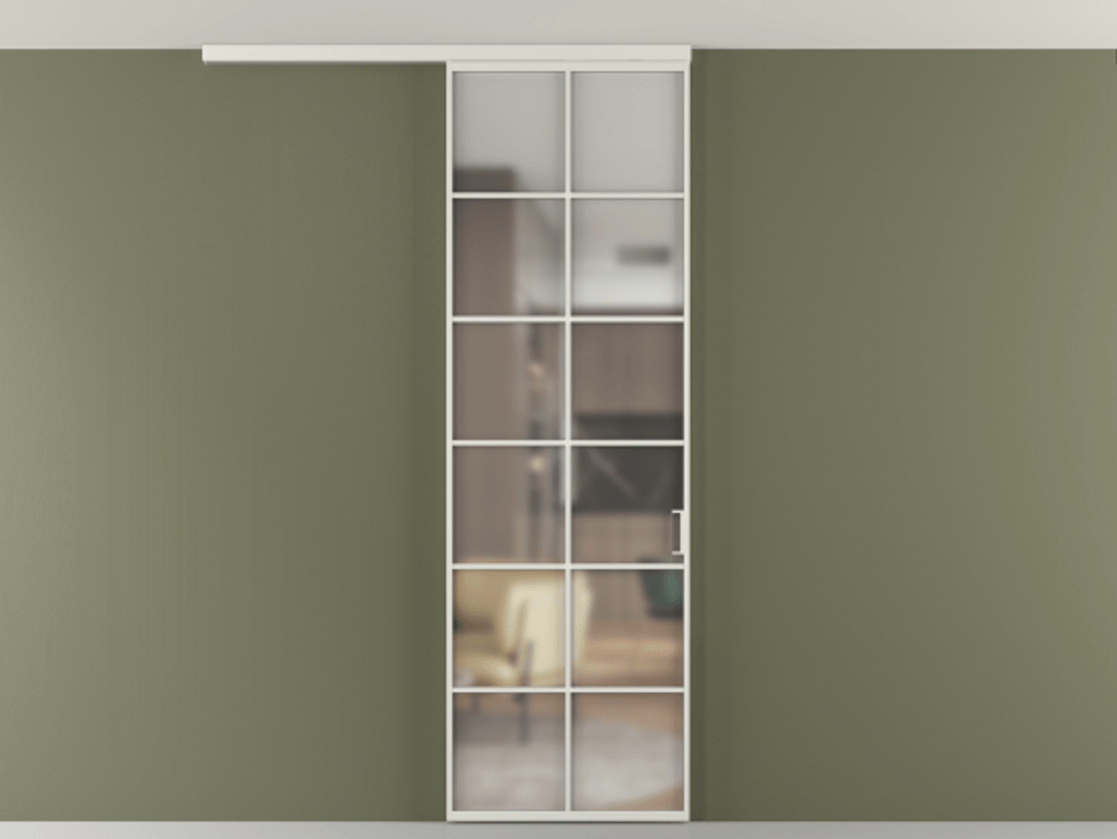 Перегородка Формато вдоль стены на потолок 1 створка АЛПР 040.05 Алюминий серый Сатинированное стекло "Мателюкс Кристал Вижн", калёное, матовое, каленое 6 мм Цена 114252 ₽ | Volhovec