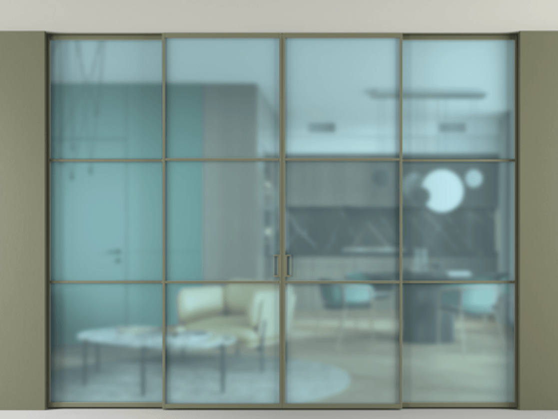 Перегородка Formato внутри проёма скрытое крепление в потолок 4 створки АЛПР 040.03 Алюминий оливковый тёмный Сатинированное голубое стекло, триплекс Цена 3082400 AMD | Volhovec