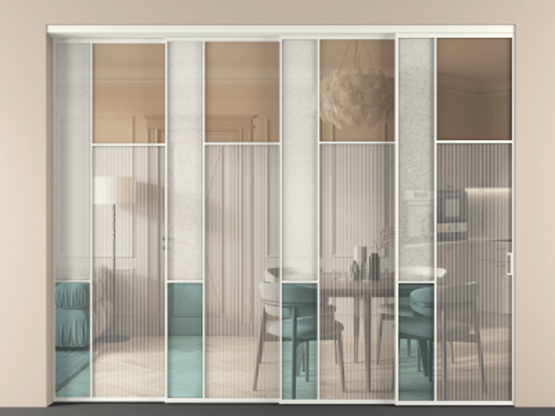 Перегородка Mosaic внутри проёма телескопик синхро 3 АЛПР 041.11 Алюминий бежево-серый Комбинация стекол Группы 1 и Группы 3 Цена 4124100 AMD | Volhovec