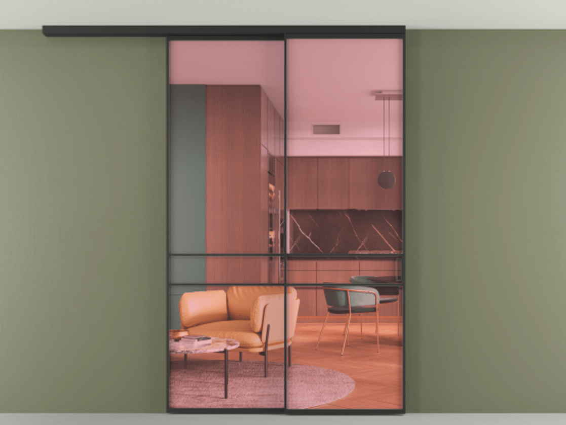 Перегородка Formato вдоль стены на потолок 2 створки с синхронным механизмом АЛПР 040.02 Алюминий Черный Прозрачное розовое стекло, триплекс Цена 1784700 AMD | Volhovec