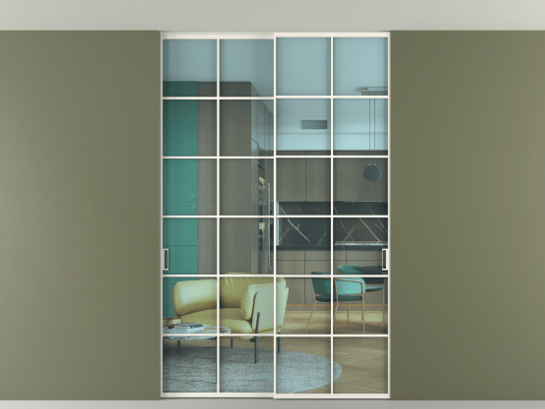 Перегородка Формато внутри проёма скрытое крепление в потолок 2 створки АЛПР 040.05 Алюминий пудровый белый Прозрачное голубое стекло, триплекс Цена 1760800 AMD | Volhovec