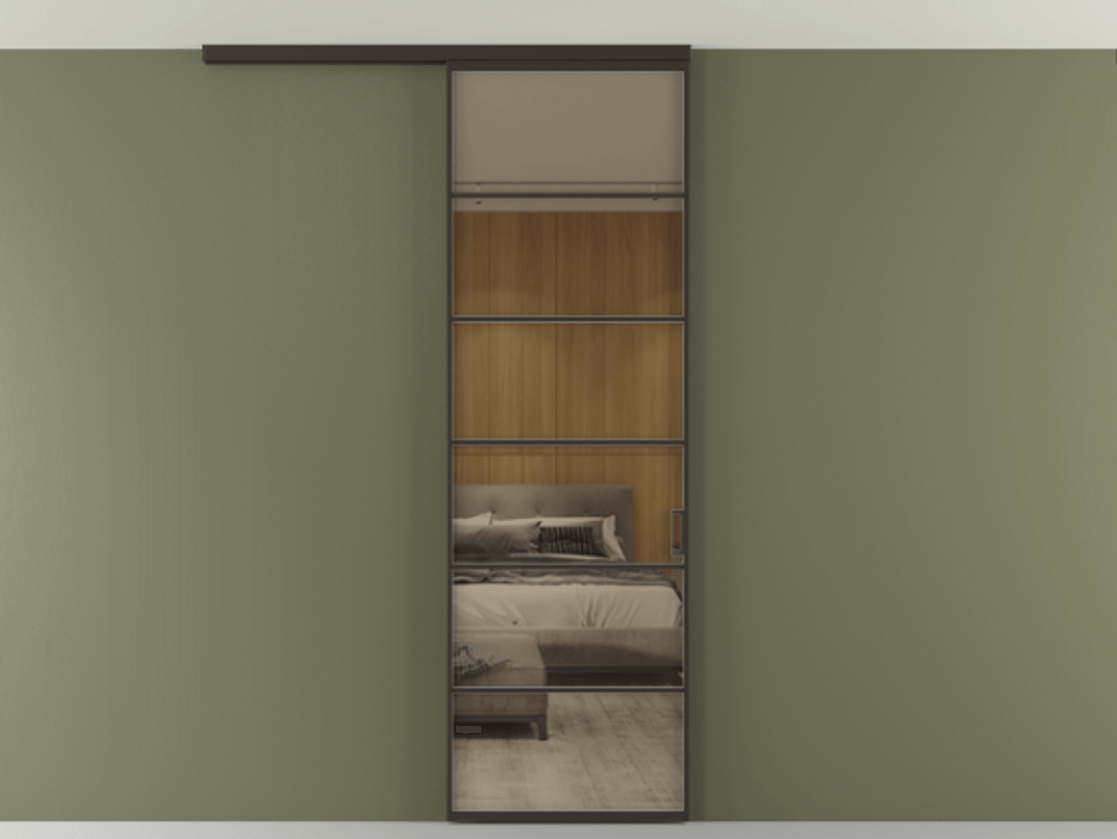 Перегородка Формато вдоль стены на потолок 1 створка АЛПР 040.04 Алюминий антрацит Рефлективное бронзовое стекло "Стопсол", калёное Цена 770520 AMD | Volhovec