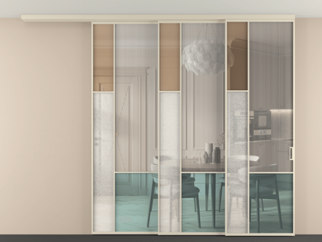 Перегородка Mosaic вдоль стены на потолок 3 створки с синхронным механизмом АЛПР 041.13 Алюминий бежево-серый Комбинация стекол Группы 1 и Группы 3 Цена 3483400 AMD | Volhovec