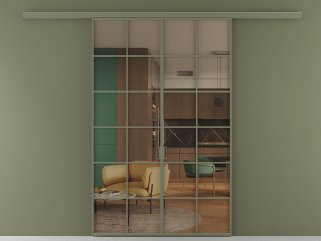 Перегородка Формато вдоль стены 2 створки АЛПР 040.05 Алюминий оливковый тёмный Прозрачное бронзовое стекло, триплекс Цена 207150 ₽ | Volhovec