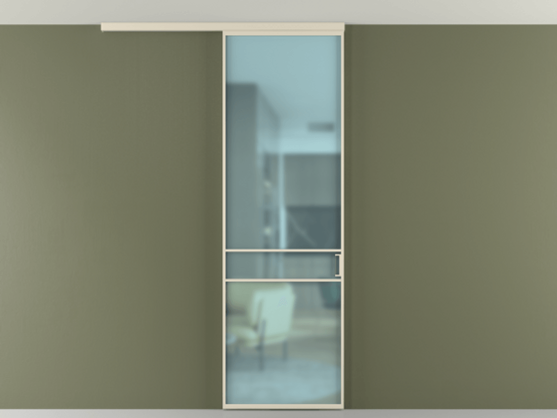 Перегородка Формато вдоль стены на потолок 1 створка АЛПР 040.02 Алюминий бежево-серый Сатинированное голубое стекло, триплекс Цена 96858 ₽ | Volhovec