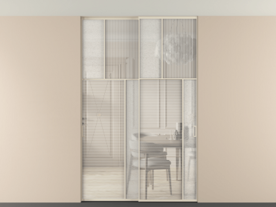 Перегородка Мозаик внутри проёма скрытое крепление в потолок 2 створки АЛПР 041.23 Алюминий бежево-серый Рифлёное стекло "Дюна", триплекс, 6 мм + Фактурное стекло "Лёд", триплекс Цена 2296870 AMD | Volhovec