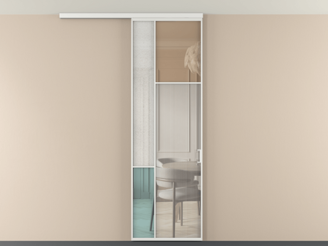 Перегородка Mosaic вдоль стены на потолок 1 створка АЛПР 041.11 Алюминий белоснежный Комбинация стекол Группы 1 и Группы 3 Цена 951200 AMD | Volhovec