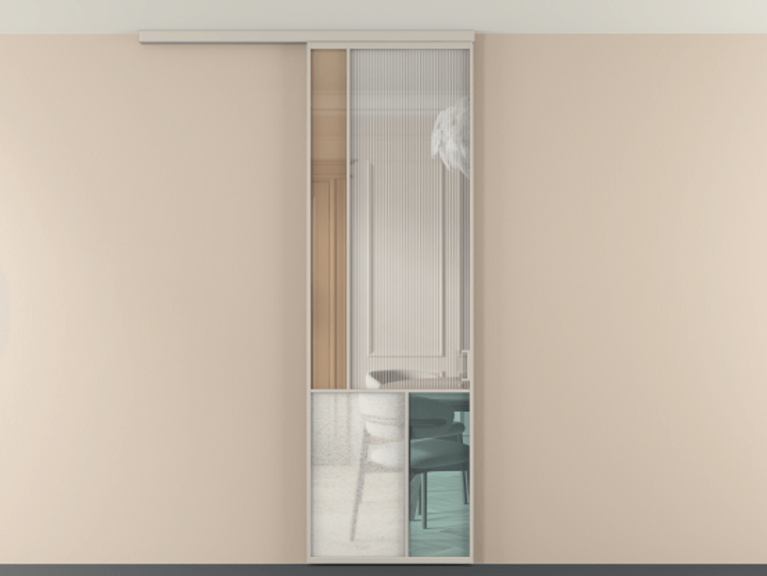 Перегородка Мозаик вдоль стены на потолок 1 створка АЛПР 041.20 Алюминий светло-бежевый Комбинация стекол Группы 1 и Группы 3 Цена 951200 AMD | Volhovec