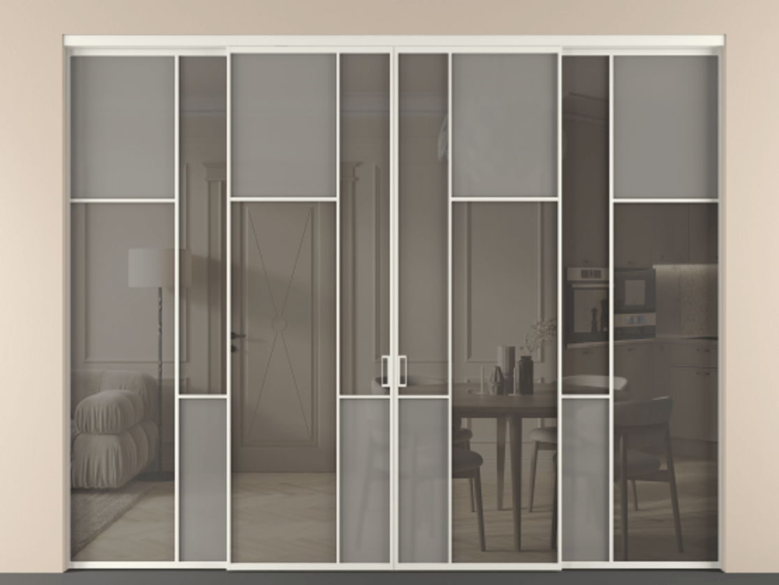 Перегородка Mosaic внутри проёма четырёхстворчатая АЛПР 041.11 Алюминий Белый Сатинированное серое стекло, триплекс, 6 мм + Прозрачное серое стекло, триплекс, 6 мм Цена 2810360 AMD | Volhovec