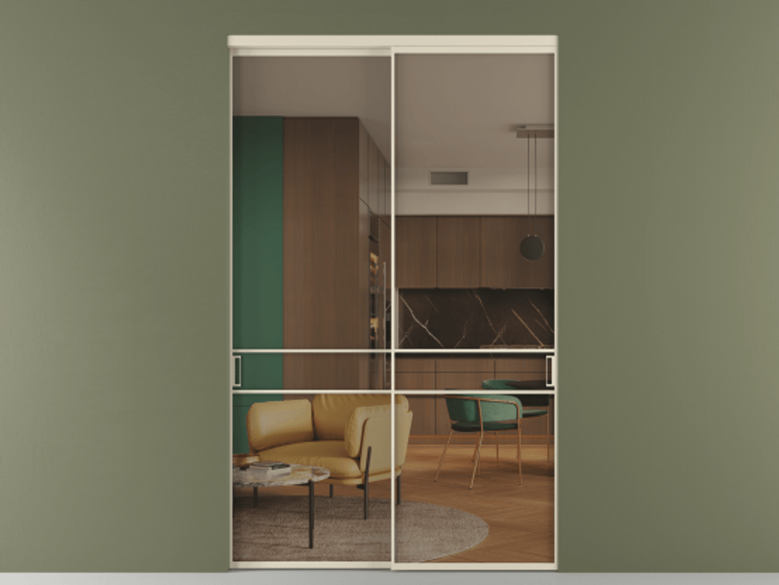 Перегородка Формато внутри проёма 2 створки АЛПР 040.02 Алюминий бежево-серый Прозрачное бронзовое стекло, триплекс Цена 2864510 AMD  | Volhovec