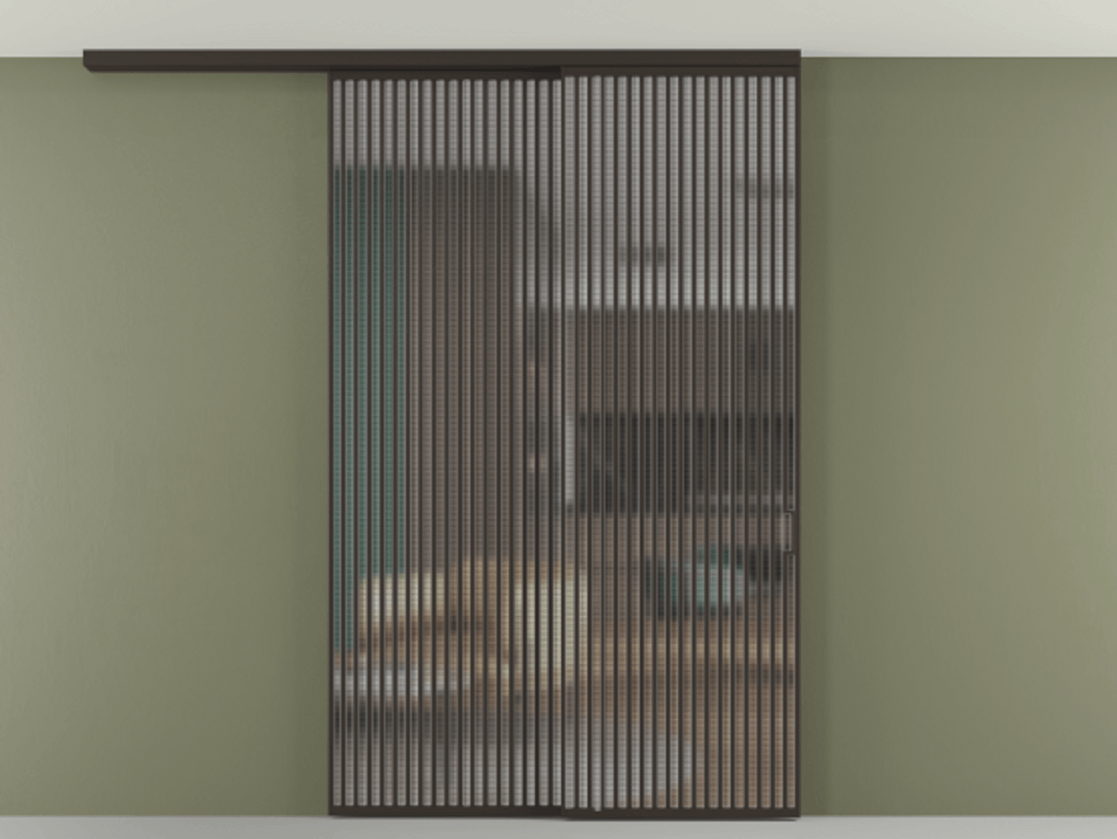 Перегородка Formato вдоль стены на потолок 2 створки с синхронным механизмом АЛПР 040.06 Алюминий антрацит Декоративное стекло с сеткой "Mesh silver", триплекс Цена 3124200 AMD | Volhovec