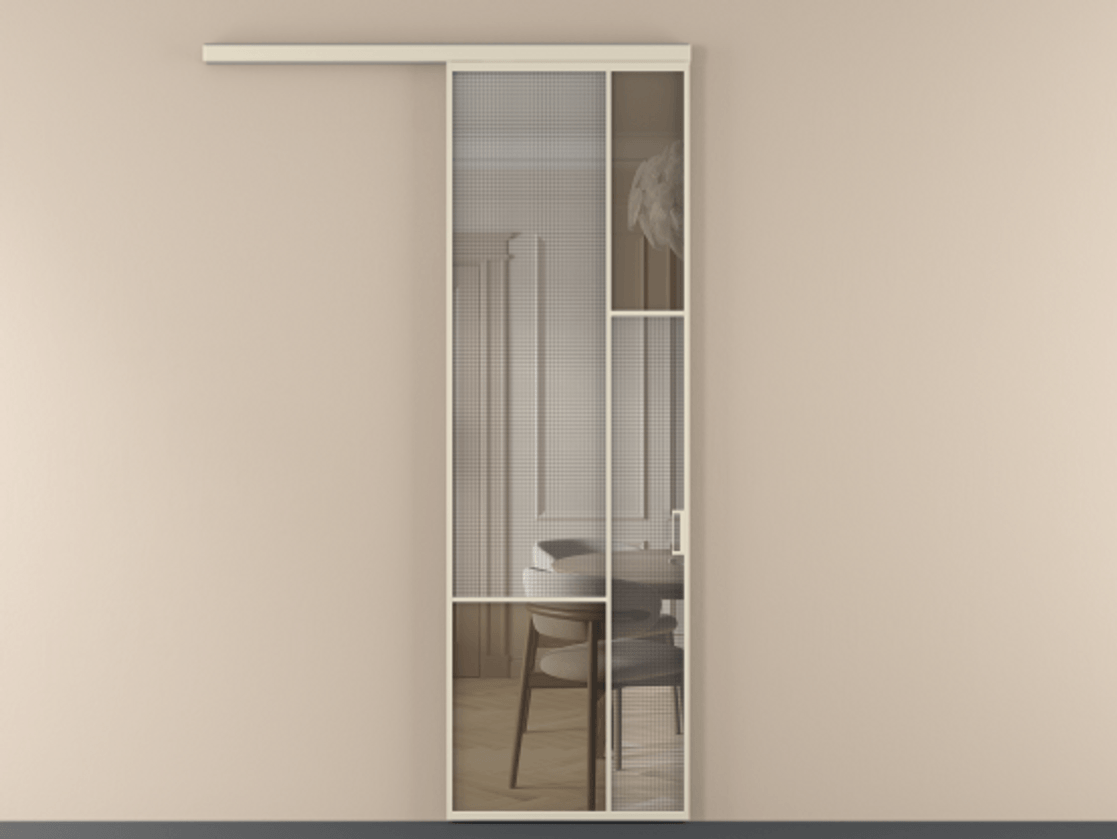 Перегородка Mosaic вдоль стены 1 створка АЛПР 041.12 Алюминий бежево-серый Декоративное стекло с сеткой "Mesh silver", триплекс, 6 мм + Прозрачное бронзовое стекло, триплекс Цена 964590 AMD | Volhovec