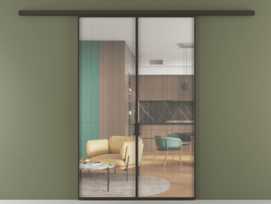 Перегородка Формато вдоль стены 2 створки АЛПР 040.01 Алюминий антрацит Рифлёное стекло "Мору", триплекс Цена 1344420 AMD | Volhovec