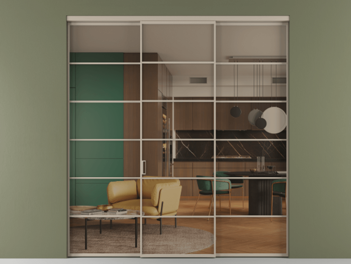 Перегородка Формато внутри проёма 3 створки АЛПР 040.04 Алюминий бисквитный Прозрачное бронзовое стекло, триплекс Цена 1718540 AMD | Volhovec