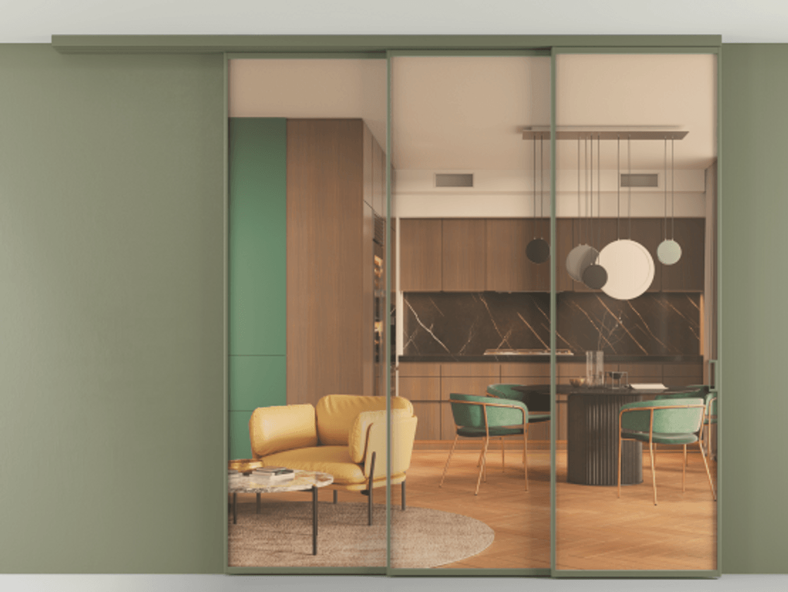 Перегородка Formato вдоль стены на потолок 3 створки с синхронным механизмом АЛПР 040.01 Алюминий оливковый тёмный Прозрачное оранжевое стекло, триплекс Цена 2576900 AMD | Volhovec