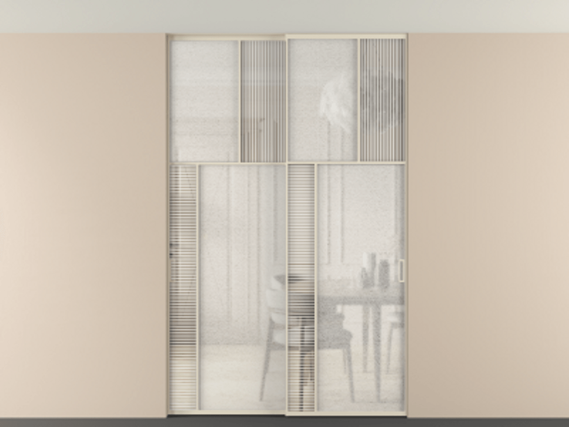 Перегородка Мозаик внутри проёма скрытое крепление в потолок 2 створки АЛПР 041.22 Алюминий бежево-серый Рифлёное стекло "Дюна", триплекс, 6 мм + Фактурное стекло "Лёд", триплекс Цена 2296870 AMD | Volhovec