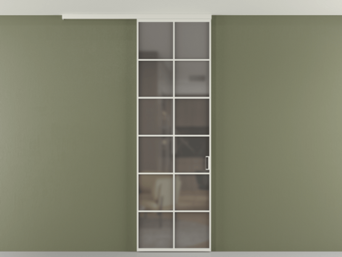 Перегородка Формато вдоль стены на потолок 1 створка АЛПР 040.05 Алюминий Белый Сатинированное серое стекло, триплекс Цена 669630 AMD | Volhovec