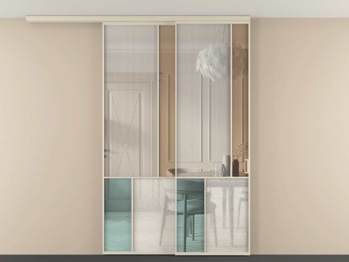 Перегородка Mosaic вдоль стены на потолок 2 створки с синхронным механизмом АЛПР 041.21 Алюминий бежево-серый Комбинация стекол Группы 1 и Группы 3 Цена 358080 ₽ | Volhovec