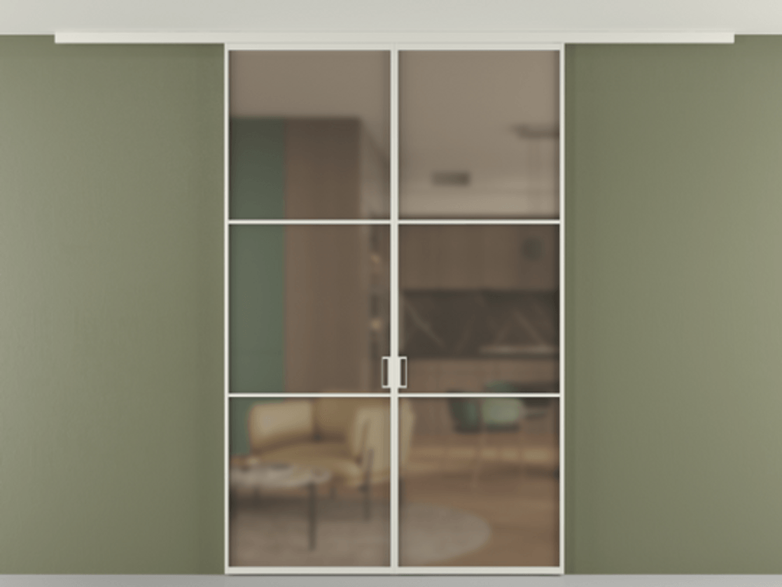 Перегородка Formato вдоль стены на потолок двустворчатая АЛПР 040.03 Алюминий Белый Сатинированное бронзовое стекло, триплекс, 6 мм. Скрытый короб БЕЛ Цена 1191150 AMD 1. Полотно 2 шт.  (800/2100 мм)
2. Комплект установки раздвижной системы
3. Базовый комплект фурнитуры
4.Ручка RONDO
. Фабрика дверей Волховец 8 (800) 551 43 19  Перегородка Formato вдоль стены на потолок двустворчатая АЛПР 040.03 Алюминий Белый Сатинированное бронзовое стекло, триплекс, 6 мм Цена 1191150 AMD | Volhovec