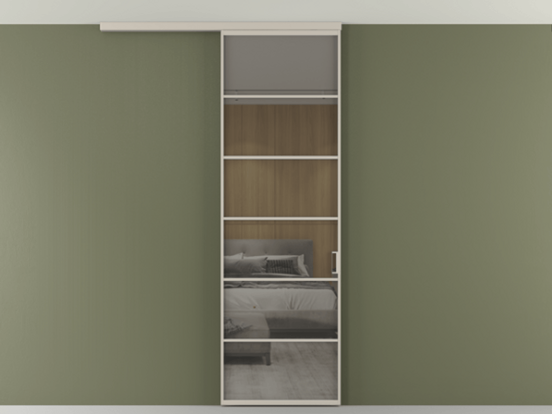 Перегородка Формато вдоль стены на потолок 1 створка АЛПР 040.04 Алюминий светло-бежевый Рефлективное серое стекло "Стопсол", калёное Цена 770520 AMD | Volhovec